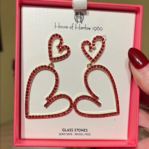 NIB House of Harlow 1960 Red Glass Stone Heart-Shaped Earrings